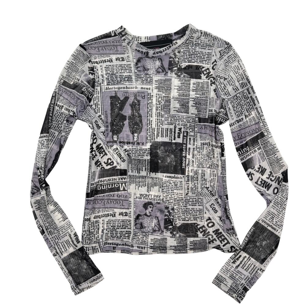 Polly & Esther Mesh Top Sheer Y2K Indie Sleaze Newspaper Print Long Sleeve M